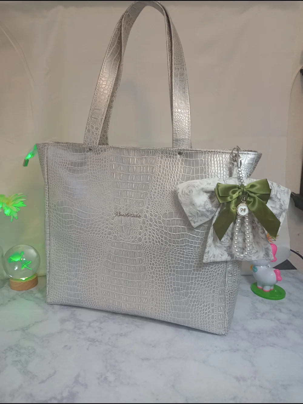 Handmade Silver Croc-Embossed Laptop Bag, Tote with Removable Bow Keychain Charm